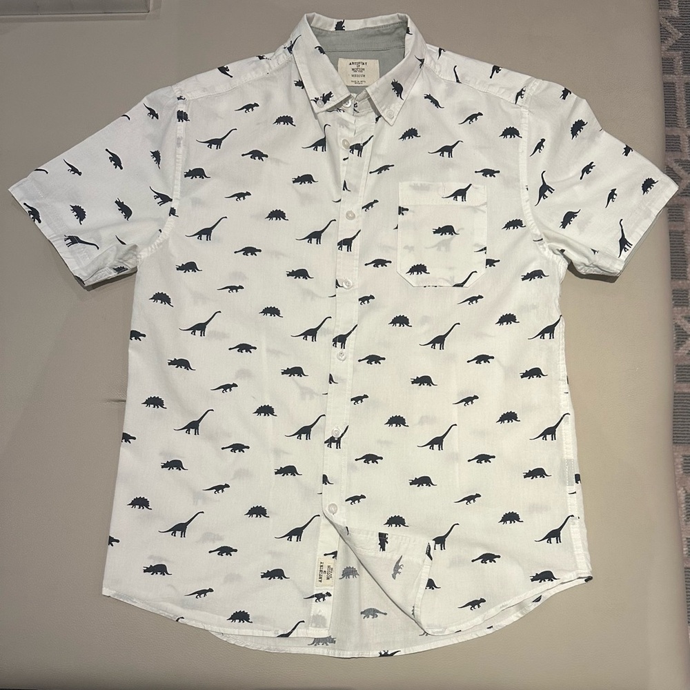 White and Black Casual Button Down Cotton Shirt with Fun Dinosaur Pattern